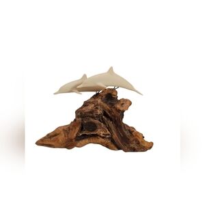 John Perry Vintage Dolphin Sculpture - Dolphin and Baby On Burled Wood